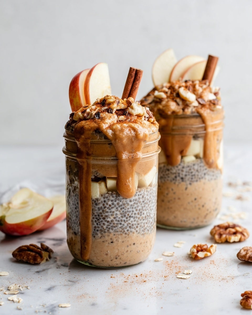 Two clear glass jars sit side by side on a white marbled texture surface, each filled with three visible layers. The bottom layer is a light beige mixture with dark chia seeds and small nut pieces. Above this is a thick, smooth, dark tan layer, topped by a layer of small chopped apple cubes. The jars are finished with a fluffy, light beige topping mixed with chia seeds, drizzled with thick golden-brown almond butter, and sprinkled with crushed walnuts and chia seeds. Each jar is garnished with a cinnamon stick and a thin apple slice. In the background and foreground, scattered walnut pieces and apple slices add to the scene. Photo taken with an iphone --ar 4:5 --v 7