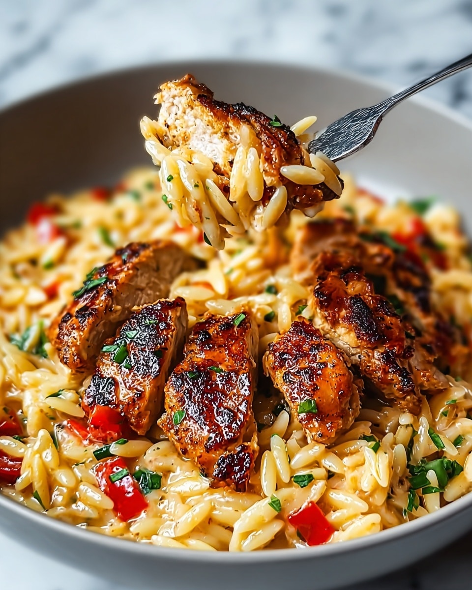 The image shows a close-up of a bowl filled with creamy orzo pasta mixed with small red pepper pieces and green herbs. On top of the pasta, there are several pieces of golden, grilled chicken with a slightly charred crust, arranged in a pile. The orzo is light yellow and looks soft and saucy, while the chicken is rich brown with visible grill marks and seasoning. A fork is lifting some chicken from the bowl, held by a woman's hand, which adds a sense of action and texture to the scene. The bowl is white and set on a white marbled surface. photo taken with an iphone --ar 4:5 --v 7