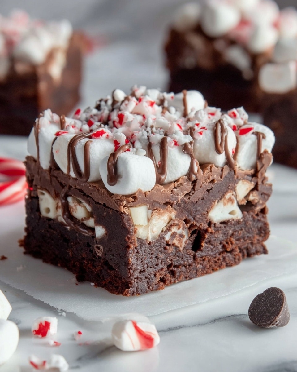 The image shows three square chocolate brownies placed on a white marbled surface with parchment paper underneath. Each brownie has a dark brown, thick chocolate base with a soft and rich texture. On top, there is a generous layer of white mini marshmallows scattered evenly, some slightly melted into the chocolate. Small pieces of crushed red and white peppermint candy are sprinkled over the marshmallows. Thin lines of melted dark chocolate are drizzled across the top, adding contrast and decoration. Photo taken with an iphone --ar 4:5 --v 7