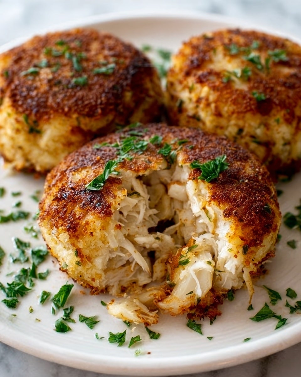 The image shows three golden brown crab cakes on a white plate over a white marbled surface. Each crab cake is thick and round, with a crispy, slightly crunchy outer layer colored in shades of golden brown and orange. The inside of one crab cake is exposed, revealing a moist, soft filling of white crab meat mixed with light beige crumbs. Small green bits of parsley are sprinkled generously on top of the cakes and around the plate, adding a fresh green color contrast. The overall look is warm and inviting, with a mix of rough and soft textures. photo taken with an iphone --ar 4:5 --v 7