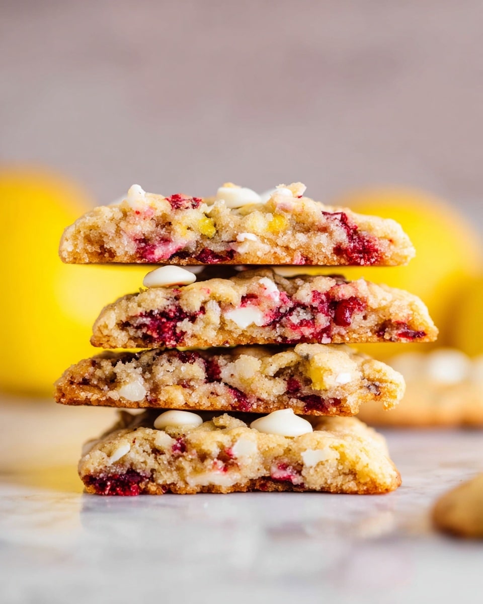 A group of round, soft cookies with a light golden base color is scattered over crinkled white parchment paper, each cookie embedded with bright red raspberry pieces that create irregular splashes of color. A thin, white glaze is artistically drizzled over the tops, adding a shiny texture that contrasts with the matte cookie surface. Around the cookies, whole fresh raspberries and bright yellow lemon slices with a juicy and slightly translucent look are placed, enhancing the vibrant, fresh feel of the scene. All of this is set on a white marbled textured background. Photo taken with an iphone --ar 4:5 --v 7