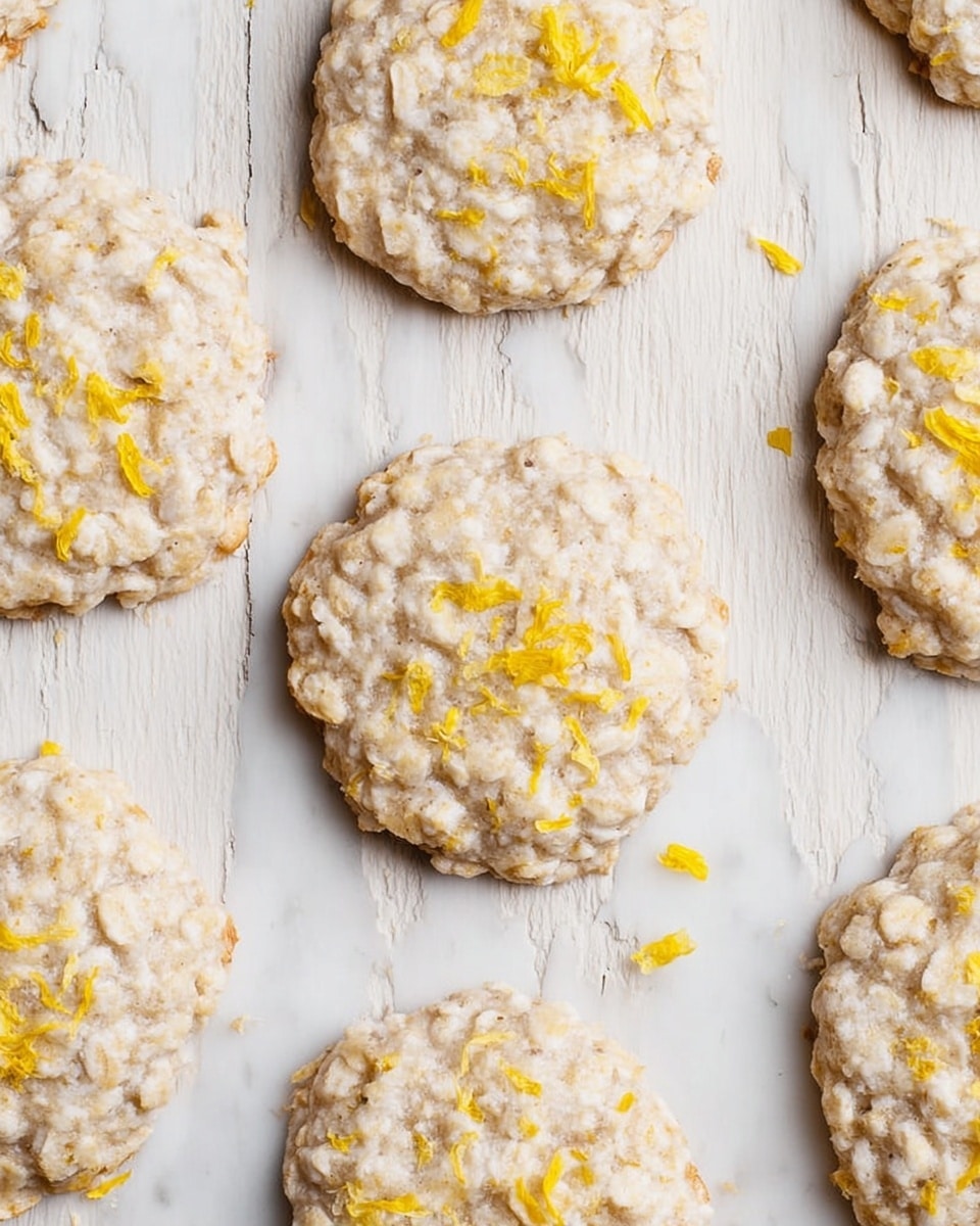 A stack of six round lemon-flavored white chocolate oat cookies is shown, each cookie having a creamy off-white color with visible oat pieces and small yellow lemon zest bits sprinkled on top. The cookies have a rough and bumpy texture with slightly uneven edges, stacked neatly on each other, set on a white marbled surface. Around the stack, there are a few loose lemon zest shreds and more cookies lying flat, with a couple of lemon wedges visible in the background. photo taken with an iphone --ar 4:5 --v 7