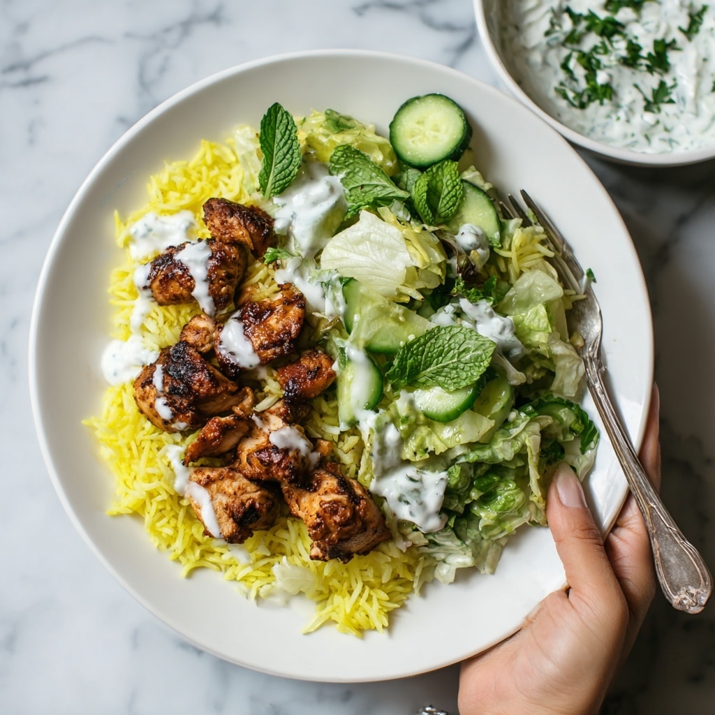 A round bowl filled with a layer of yellow rice topped with small pieces of grilled, browned chicken scattered over half the surface, drizzled with white sauce. On the other half, a fresh green salad with chopped lettuce, cucumber, and whole mint leaves, lightly covered with more white sauce. The bowl sits on a white marbled surface with two vintage forks on a light blue cloth nearby. A glass bowl of white sauce with a wooden spoon is visible at the bottom left corner, and part of another bowl with more yellow rice and chicken is on the left edge of the image. Photo taken with an iphone --ar 4:5 --v 7