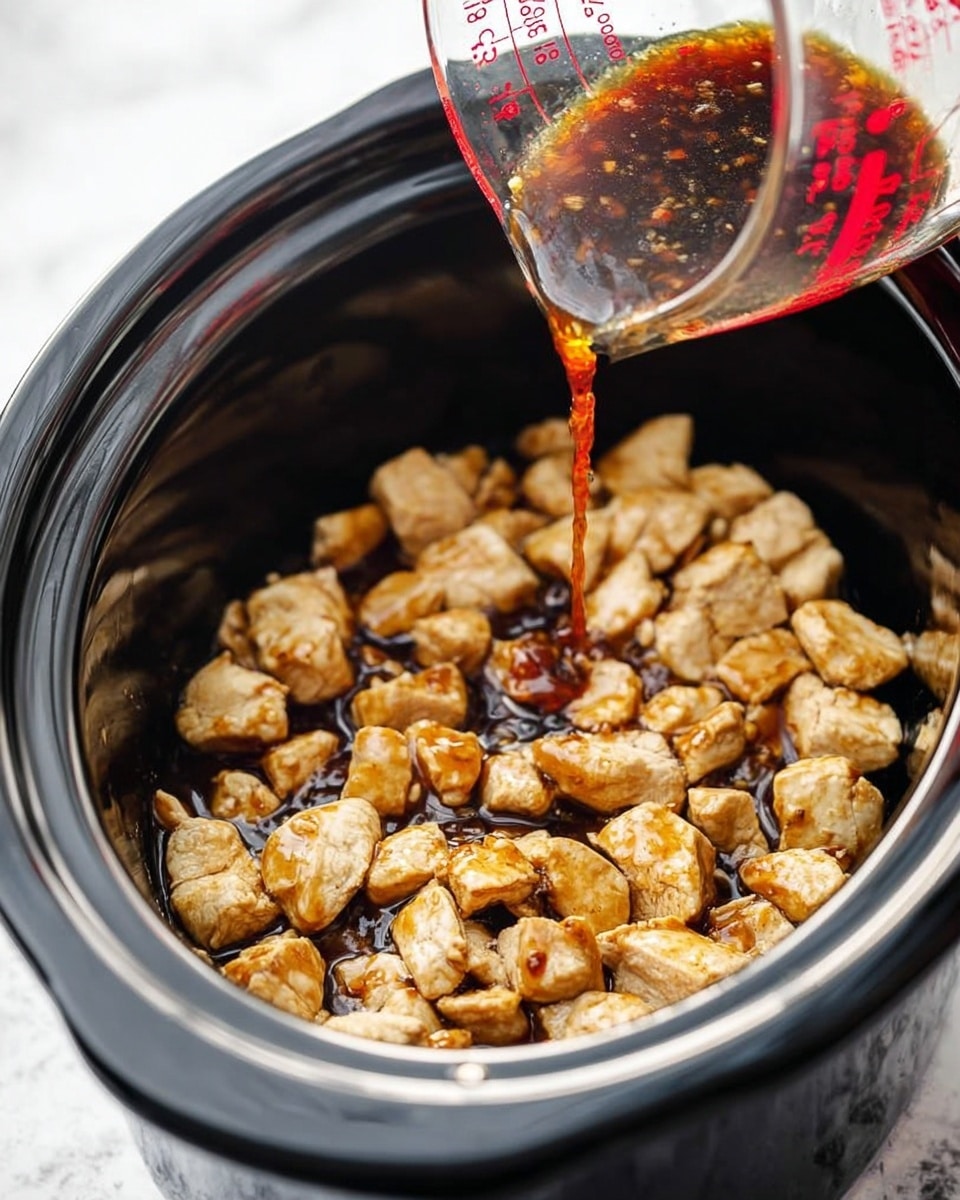 Inside a black slow cooker, there are many small chunks of cooked chicken, light golden brown on the edges, filling the cooker almost to the rim. From the top right, a clear glass measuring cup with red marks is pouring a dark brown sauce with visible pieces of garlic and spices over the chicken. The slow cooker sits on a white marbled texture surface. photo taken with an iphone --ar 4:5 --v 7