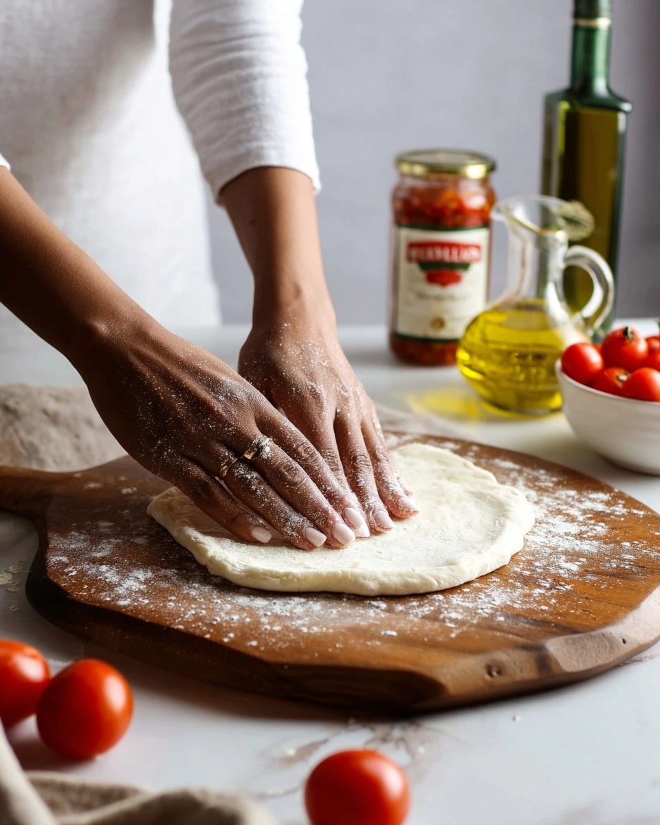 A wooden board on a white marbled texture surface holds a thin, round layer of pale dough being pressed by a woman's hands with brown skin and light-colored nails, dusted lightly with flour. In the background, there is a jar of red tomato sauce, a clear glass cruet of golden olive oil, a green bottle of olive oil, and a white bowl full of red cherry tomatoes. A few large, red tomatoes sit near the board, and the person wearing a white long-sleeve shirt gently presses the dough from the sides. Photo taken with an iphone --ar 4:5 --v 7