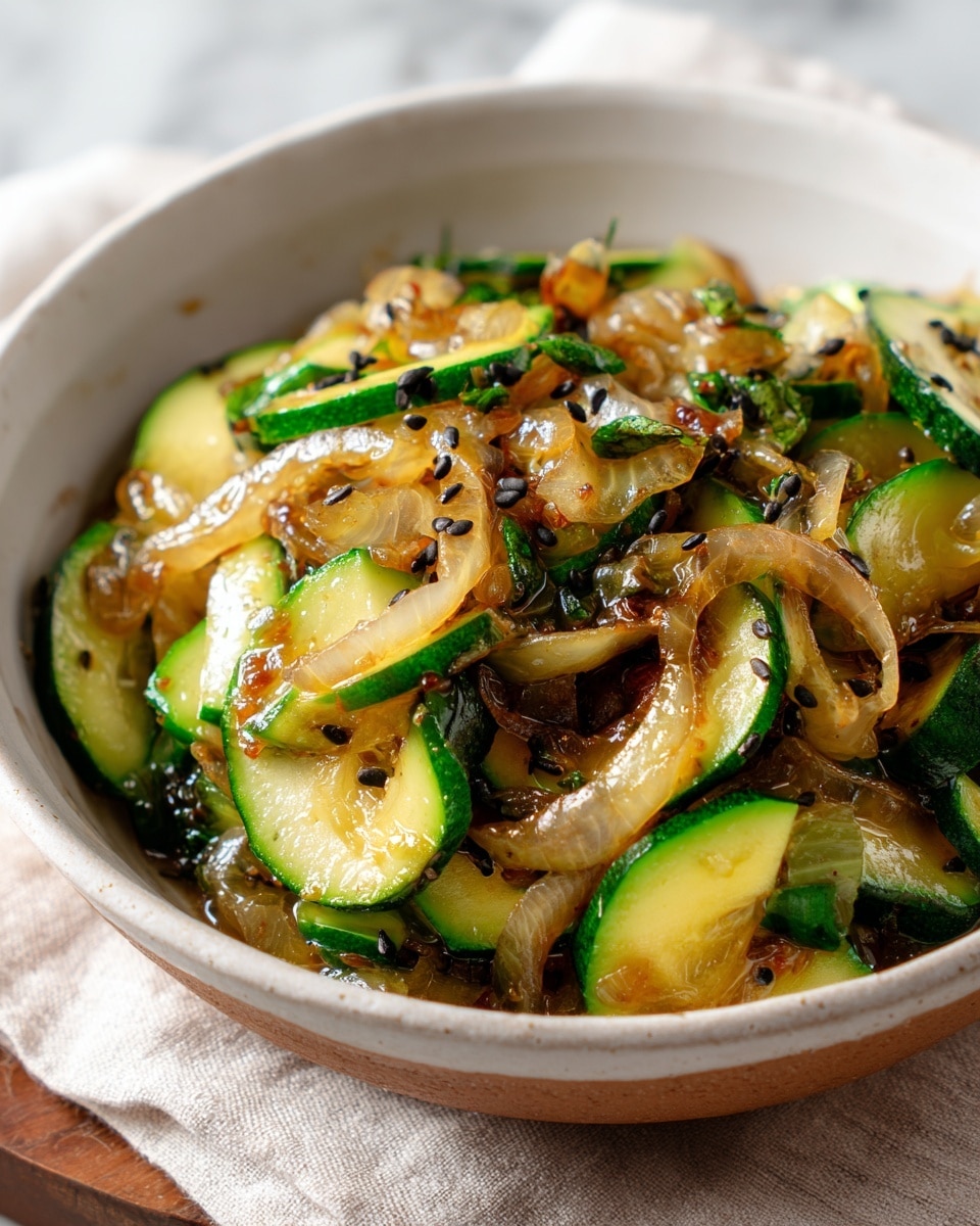 This image shows a black cast iron pan filled with cooked vegetables, including thick slices of green zucchini and curved, translucent onion pieces with browned edges. The vegetables have a glossy texture from cooking, and a light layer of seasoning is visible. A light-colored wooden spatula stirs the veggies, its flat surface lifting some of the mix in the middle of the pan. The pan sits on a soft blue cloth, all displayed on a white marbled surface. photo taken with an iphone --ar 4:5 --v 7