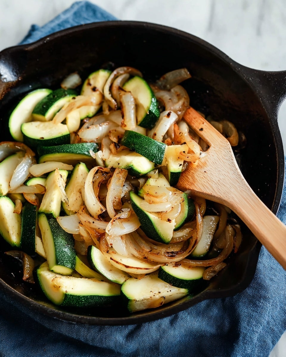 A close-up view of a stir-fried dish in a white bowl showing two main layers: the base layer has bright green, thickly sliced zucchini pieces with a slightly soft texture, and the top layer consists of translucent, caramelized onion slices mixed with small black sesame seeds, adding a scattered dark contrast. The zucchini and onions are coated in a glossy, light brown sauce that makes them shine, and some finely chopped green herbs are mixed throughout. The bowl sits on a light cloth over a white marbled surface, with soft natural lighting highlighting the different textures and colors perfectly. photo taken with an iphone --ar 4:5 --v 7
