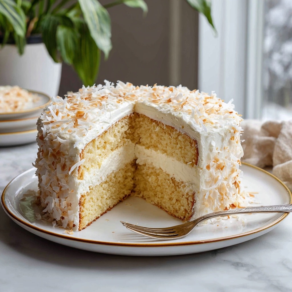 The image shows a two-layer round cake on a white plate with a thin gold rim. The cake has two yellowish sponge cake layers separated by a thick layer of white cream frosting in the middle. The entire outside of the cake is covered with white frosting and sprinkled with shredded white coconut flakes, giving it a textured look. A slice is cut out, revealing the cake’s inside layers. The plate is placed on a white marbled surface with sunlight coming in from a window in the background. A fork rests on the plate next to the cake. Photo taken with an iphone --ar 4:5 --v 7