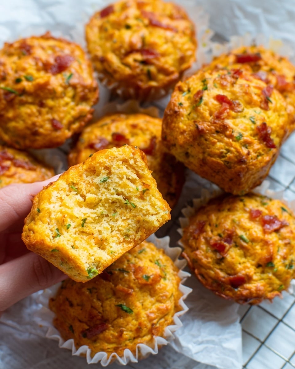The image shows several golden brown muffins with a rough, slightly crispy top sprinkled with small pieces of red bits, likely bacon. One muffin is split open, displaying a soft, moist interior with a light yellow color and specks of green herbs. The muffins rest on a white paper liner and are placed on a white marbled textured surface with a grid pattern underneath. A woman's hand is holding the split muffin gently. The overall scene has warm, inviting tones. photo taken with an iphone --ar 4:5 --v 7