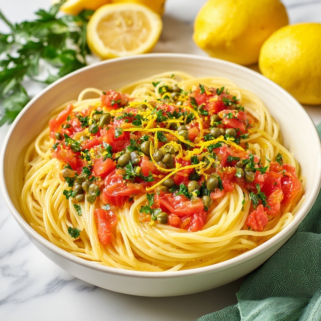 A white bowl contains cooked spaghetti as the base layer, light yellow and soft in texture. On top of the spaghetti, dark green capers are placed mostly in the center-left area, their small round shape and glossy surface visible. On the right half of the bowl, bright red diced tomatoes are scattered, showing a fresh and juicy texture. A woman's hand is seen tipping more chopped tomatoes from a small white bowl with raised dot patterns, adding to the tomato layer. The bowl sits on a white marbled surface with a blurred green plant in the background. A jar of capers is placed near the bottom right corner, partially out of focus. photo taken with an iphone --ar 4:5 --v 7