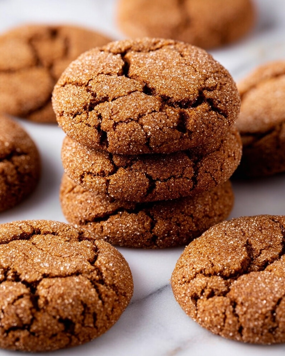 A group of round, brown cookies with a cracked surface is shown on a white marbled texture. In the center, three cookies are stacked, showing rough and grainy texture with sugar crystals visible. Around the stack, several single cookies lay flat, all with the same cracked, slightly rough surface and a warm brown color. The cookies have a soft, chewy look with a hint of shine from the sugar. Photo taken with an iphone --ar 4:5 --v 7