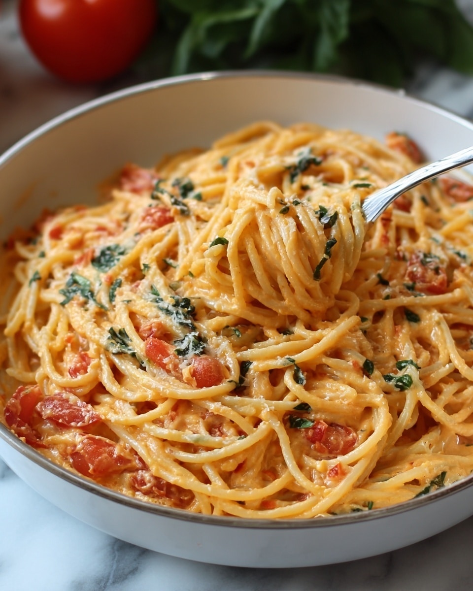 A bowl of creamy orange-colored pasta with long, thick spaghetti noodles twisted in layers, covered in a smooth, lightly speckled sauce with bits of red tomato and green herbs mixed in. The top layer has a sprinkle of grated white cheese and a touch of black pepper, finished with three fresh green basil leaves placed centrally. The dish is served in a white bowl set on a white marbled surface. photo taken with an iphone --ar 4:5 --v 7
