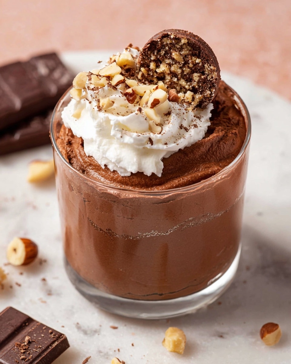 A clear glass holds a rich chocolate mousse filling about three-quarters of the glass with a smooth, airy texture and deep brown color. On top, there is a generous layer of white whipped cream with a fluffy texture, slightly spilling over the glass edge. Above the cream, a round piece of chocolate with visible nuts and a coarse texture is placed, adding a decorative touch. The glass sits on a white marbled surface with pieces of hazelnut and a small block of dark chocolate nearby. photo taken with an iphone --ar 4:5 --v 7