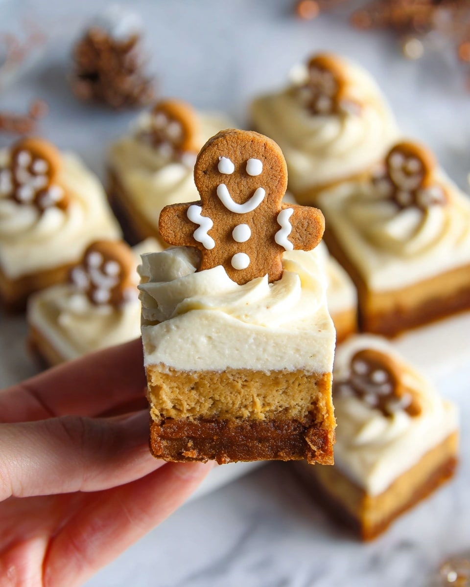 The image shows several square cheesecake pieces arranged closely on a wooden board and a white marbled surface. Each piece has three visible layers: a dark brown bottom crust, a thick light brown middle cheesecake layer, and a light golden top layer. On top of each cheesecake is a swirl of white whipped cream, and each swirl is decorated with a small gingerbread man cookie decorated with white icing. Green holly leaves with red berries and a piece of gold-decorated fabric are placed around the cheesecakes as holiday decoration. The photo is taken with an iphone --ar 4:5 --v 7