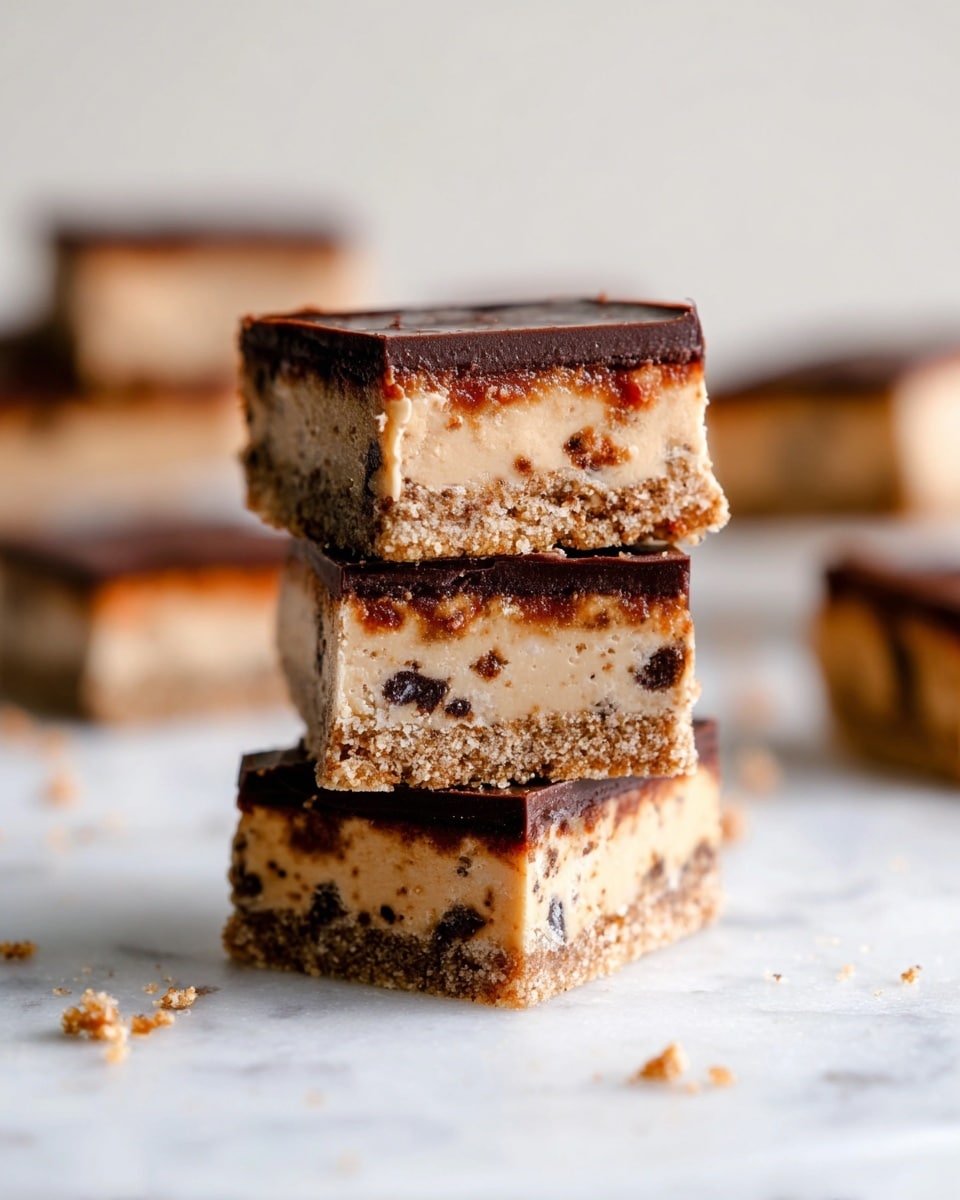The image shows a close-up of a multi-layered dessert bar on a shiny foil-covered white marbled surface. The bottom layer is a crumbly, light golden biscuit crust. Above it is a thick creamy layer with bits of nuts and caramel pieces, giving a textured look with white and brown colors mixed in. The top layer is a smooth, dark chocolate sheet that glistens slightly and has shallow line patterns pressed on it. A small slice has been cut out, showing the clear separation of the three layers. Photo taken with an iphone --ar 4:5 --v 7
