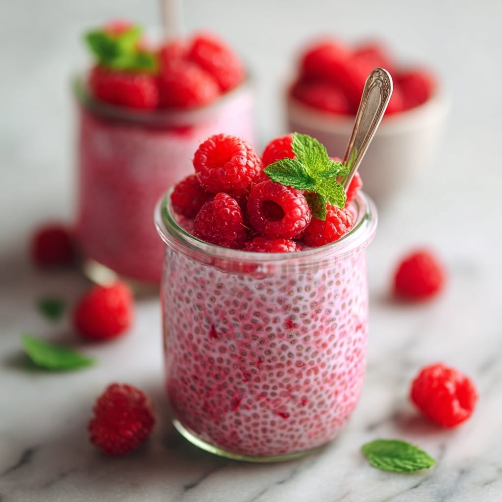 The image shows a close-up of a clear glass filled with three layers: the bottom and main layer is a thick, textured pink raspberry chia pudding with small black chia seeds spread evenly throughout, sitting on a white marbled surface with a wooden board partly underneath. The middle layer consists of whole fresh red raspberries placed on top of the pudding, giving a pop of bright red color and a plump, juicy texture. The top layer is decorated with a few more raspberries along with fresh green mint leaves that add contrast and freshness. There is another glass with similar contents blurred out in the background, and some loose raspberries and mint leaves are casually placed on the marble surface around the glasses. photo taken with an iphone --ar 4:5 --v 7