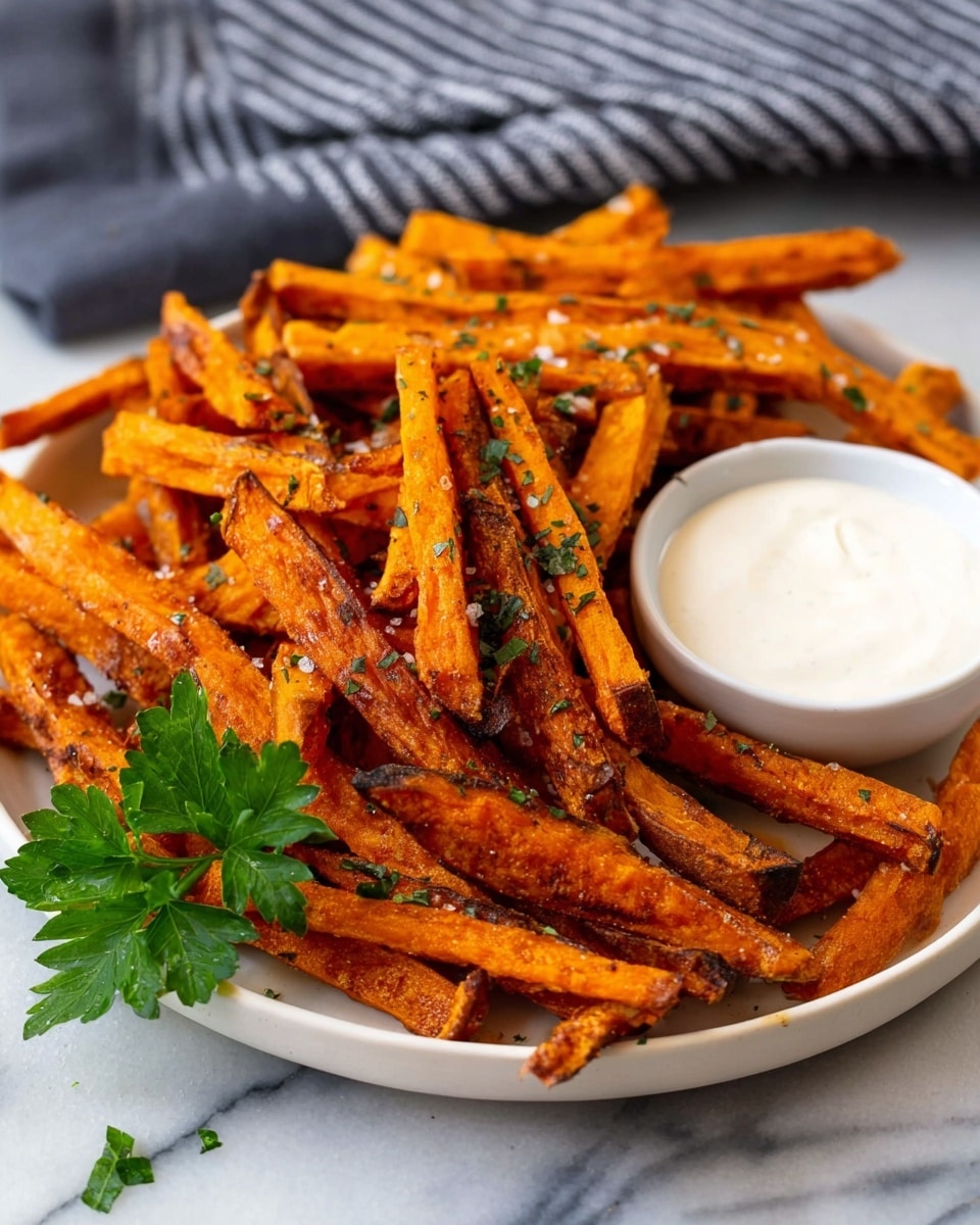 A white plate lined with crumpled white paper is filled with many sweet potato fries, each cut thick and roasted to a golden-brown with some darker crispy spots, sprinkled with finely chopped green herbs. On the top right side of the plate, there are two small round bowls, one wooden bowl with a creamy light pink sauce garnished with red seasoning and chopped herbs, and next to it a black bowl with bright red ketchup swirled smoothly. The plate sits on a white marbled surface with a dark blue cloth partially under it and some fresh green parsley leaves visible on the top right corner. Photo taken with an iphone --ar 4:5 --v 7