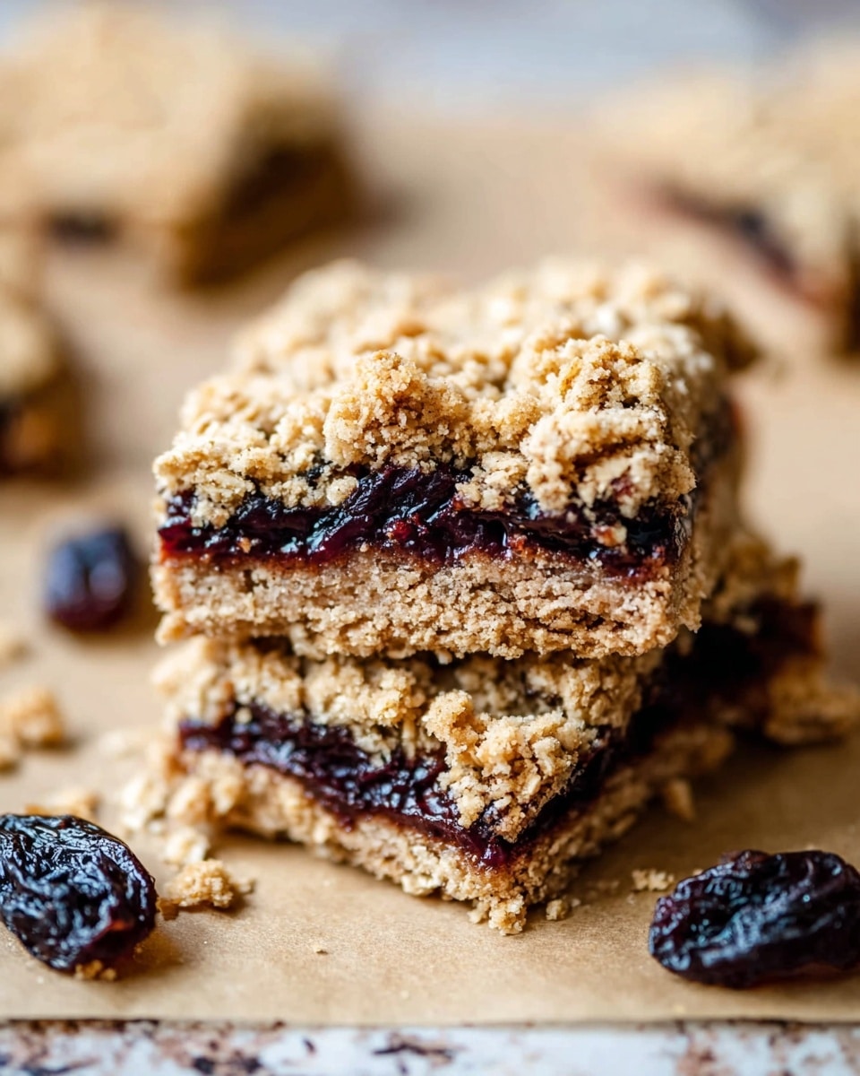 The image shows six square oat bars with a crumbly texture on top, arranged neatly on parchment paper over a white marbled surface. Each bar has two visible layers: a thick, rough oat crumble layer on top with light golden-brown and beige tones, and a dark, jam-like layer underneath that looks sticky and rich, likely made from plums. Around the bars are a few whole dried dark plums with wrinkled skin, adding a contrasting texture and color. One bar at the bottom left corner has a bite taken out, showing the layers clearly. There are some small oat crumbs scattered around the bars, enhancing the rustic look. photo taken with an iphone --ar 4:5 --v 7