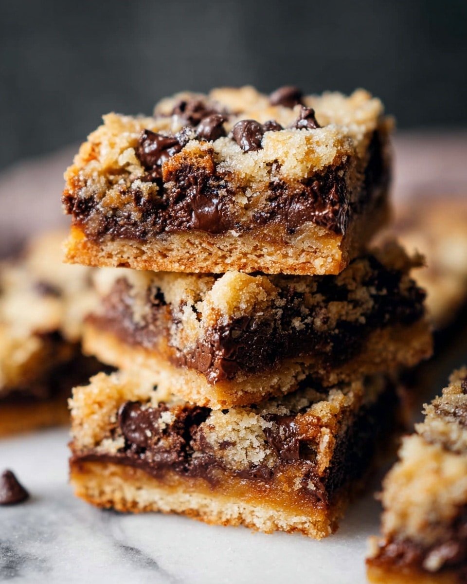 This image shows a large square dessert with two visible layers, cut into smaller square pieces arranged on a round black wire cooling rack placed over white parchment paper. The bottom layer is dark brown and looks dense and fudgy, while the top layer is a light golden brown cookie dough with many small dark chocolate chips scattered throughout, slightly melted and glossy. Some pieces are separated from the main group, showing the thick, soft texture of the bottom layer. Around the dessert, crumbs and chocolate chips are scattered on a white marbled surface. In the top right corner, there is a small white bowl filled with creamy light brown peanut butter, with a spoon resting inside. photo taken with an iphone --ar 4:5 --v 7
