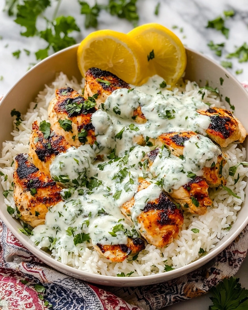A white dish filled with fluffy white rice as the base layer, topped with five pieces of golden-brown grilled chicken scattered evenly across the rice. To one side, there is a creamy sauce with green herbs mixed in, placed in a small heap on the rice. Bright green lime wedges rest next to the sauce, adding a fresh color contrast. The dish is garnished with finely chopped green herbs sprinkled on top of the chicken and rice. The background is a white marbled surface, and the photo was taken with an iphone --ar 4:5 --v 7