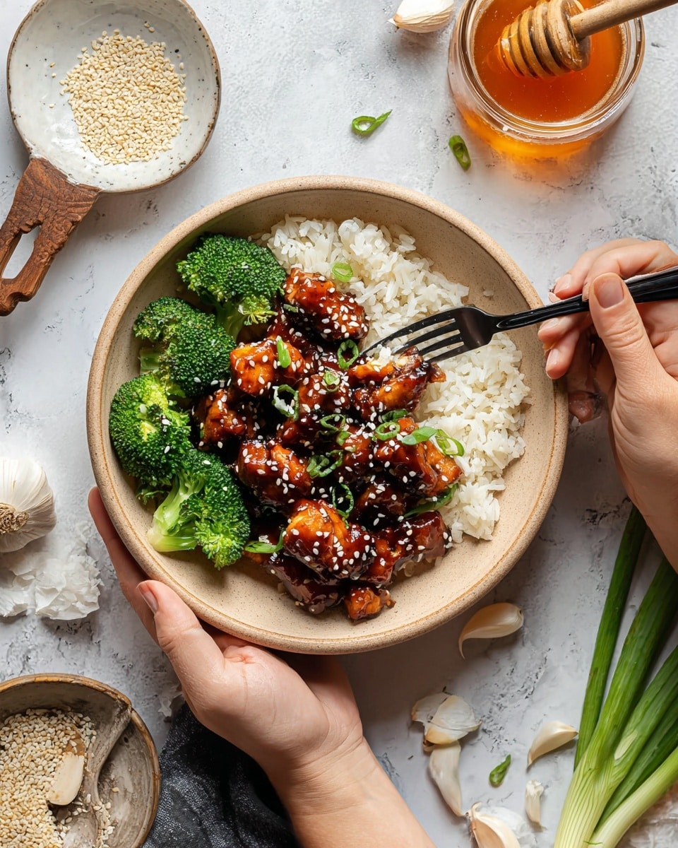 A white bowl filled with three main layers: at the bottom is plain white rice with a soft texture, next a layer of bright green cooked broccoli with a slightly rough texture, and on top, several pieces of glazed chicken coated in a rich reddish-brown sauce sprinkled with white sesame seeds and small green onion slices. A woman's hand holds a fork lifting one glazed chicken piece above the bowl. The bowl sits on a light beige cloth over a white marbled surface, with a blurred bottle and glass in the background. photo taken with an iphone --ar 4:5 --v 7