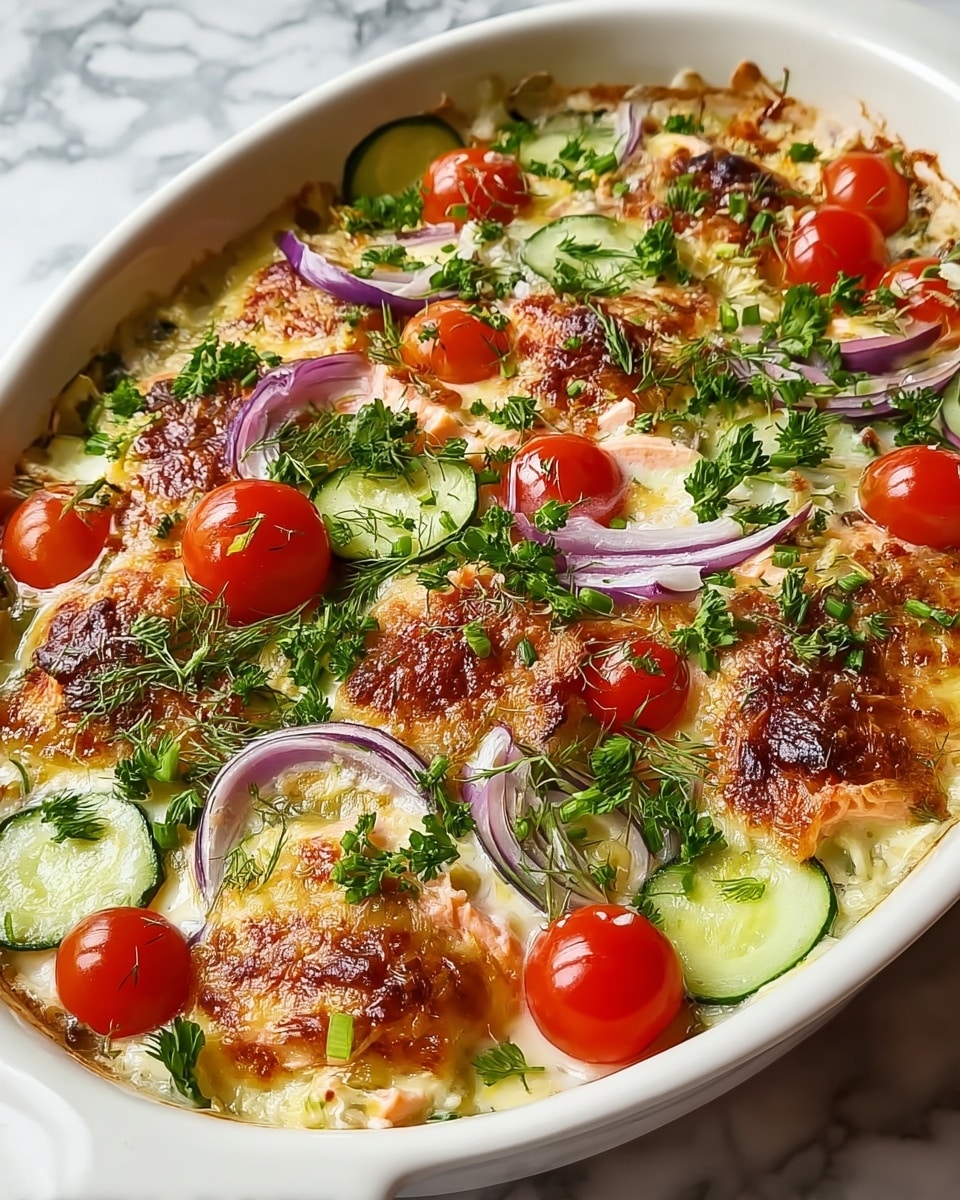 The dish is a baked casserole served in a white oval ceramic dish, filled with layers starting from a creamy white sauce base, topped with browned and crispy cheese-covered pieces of salmon arranged evenly, their golden edges adding texture. Scattered on top are vibrant red cherry tomatoes, some whole and some halved, along with thin slices of fresh green cucumber and slivers of purple-red onion. Bright green chopped herbs, including parsley, are sprinkled generously over the whole dish, adding fresh color and contrast. The dish sits on a white marbled surface, enhancing its fresh and colorful appearance, photo taken with an iphone --ar 4:5 --v 7