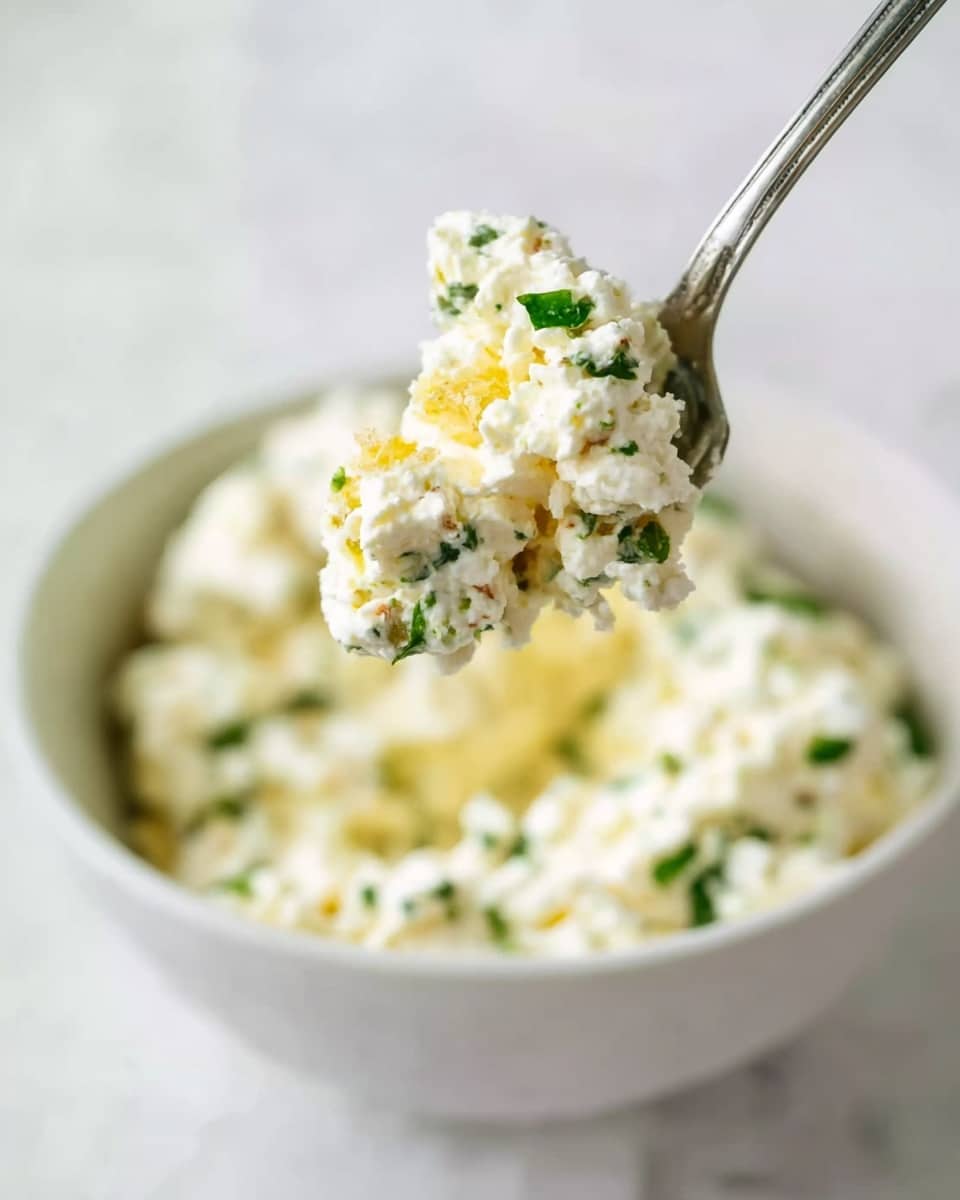 A close-up of a silver spoon holding a scoop of creamy cottage cheese mixed with small green herb pieces and bits of light yellow cooked onion or garlic on it. The spoon is above a full white bowl filled with the same cottage cheese mixture, placed on a white marbled surface, with a soft blurred light background. The texture looks soft and slightly chunky, with small colorful details in the cheese. photo taken with an iphone --ar 4:5 --v 7
