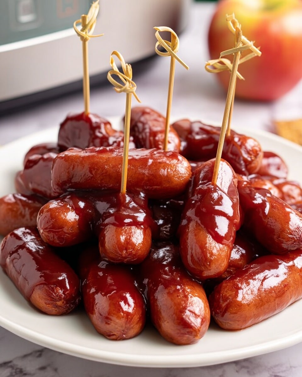 Inside a white slow cooker, small sausages are fully covered in a thick, shiny dark brown barbecue sauce with a rich texture. The sauce clings to the sides of the cooker, showing a smooth but slightly sticky surface. The sausages are plump and glossy, arranged close together but not stacked, creating a single visible layer. The background shows a white marbled surface, and a red apple is partly visible in the upper right corner. Photo taken with an iphone --ar 4:5 --v 7