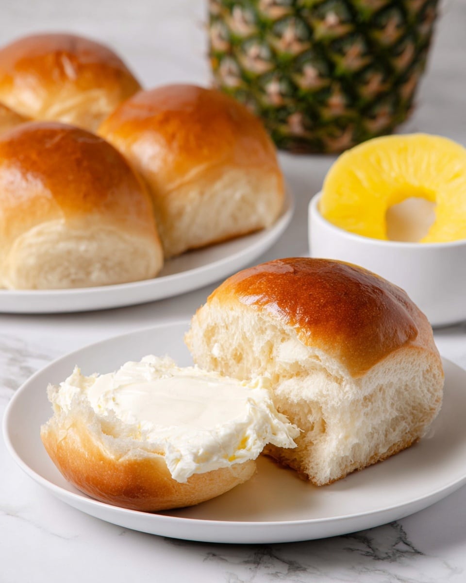 A soft, shiny brown bread roll is shown torn open on a white plate, with the inside spread thickly with creamy white butter, revealing the fluffy texture of the bread. In the background, there are several whole bread rolls with the same shiny golden crust placed on a white plate, and next to it, a white bowl containing a bright yellow pineapple ring. A fresh pineapple with green and yellow skin is also partially visible behind the bowl. The setting is on a white marbled surface, enhancing the bright and clean look of the scene. photo taken with an iphone --ar 4:5 --v 7