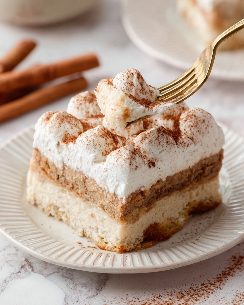 A square piece of layered dessert sits on a white plate with subtle ridges, placed on a white marbled surface. The dessert has three main visible layers: the bottom layer is a dark brown sponge soaked in coffee or syrup, the middle layer is thick and creamy with a pale beige color, and the top layer is a lighter sponge similar in color to the bottom but softer in texture. On top of the dessert are evenly spaced dollops of whipped cream, each sprinkled with a light dusting of cinnamon powder, giving a speckled orange-brown finish. A gold fork rests near the dessert on the plate. In the blurred background, another piece of the dessert is visible on a white plate, along with a glass jar topped with cream, a star anise, and cinnamon sticks. photo taken with an iphone --ar 4:5 --v 7