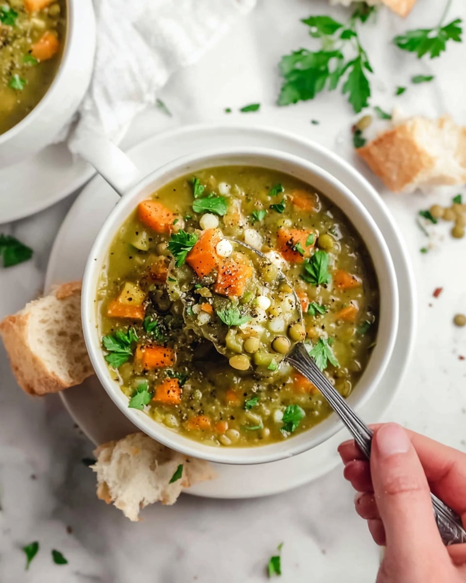 A white bowl filled with a thick green soup containing layers of diced orange carrots, green lentils, and white peas is topped with fresh green parsley leaves and a sprinkle of black pepper. A woman's hand is holding a silver spoon lifting a spoonful of the soup, showing the mix of carrots, peas, and lentils. The bowl sits on a white plate with a torn piece of light brown bread nearby. The background has a white marbled texture, with scattered parsley leaves and bread crumbs adding a natural touch. Photo taken with an iphone --ar 4:5 --v 7