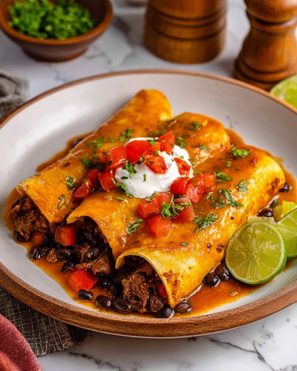 A white plate holds three folded enchiladas covered in a rich orange sauce, each stuffed with visible chunks of brown beef and black beans. The front enchilada is topped with a small dollop of white sour cream, bright red chopped tomatoes, and a bit of green cilantro, adding fresh color. Around the plate, more black beans and red tomato pieces peek out from under the sauce. To the side, two lime wedges sit bowed on the plate, showing fresh green and pale yellow tones. The background shows a white marbled texture surface with wooden salt and pepper shakers, half a lime, and a bowl with green herbs partially visible. photo taken with an iphone --ar 4:5 --v 7