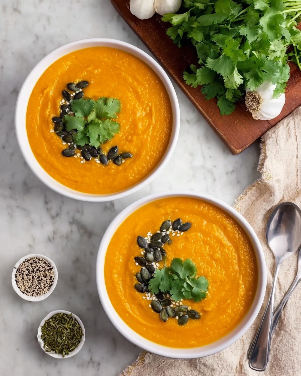 Two white bowls filled with thick, bright orange soup are placed on stacked white plates on a white marbled surface. Each bowl has a smooth soup base with a topping of dark green pumpkin seeds and fresh green cilantro leaves scattered mostly on one side. In the background, there is a bunch of green herbs and a garlic bulb resting on a wooden board. Two silver spoons lie next to the bowls, and a beige cloth is partially visible at the side. The overall setting is clean and bright. photo taken with an iphone --ar 4:5 --v 7