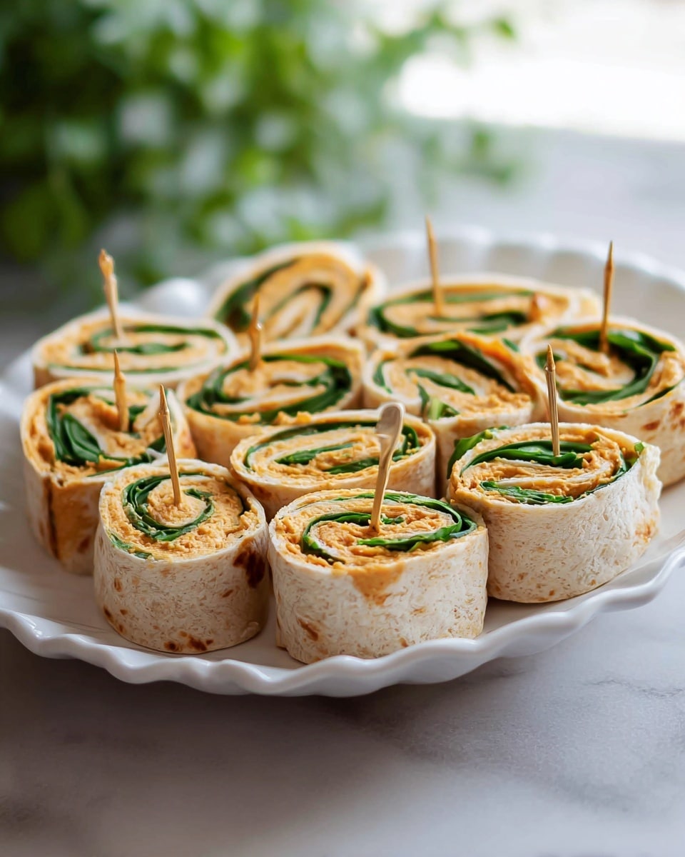 The image shows a close-up of a rolled wrap cut into thick slices arranged in a white dish. Each slice has multiple layers starting with a soft, light brown tortilla wrap on the outside. Inside, there is a creamy orange spread mixed with corn kernels, giving a slightly chunky texture. Next is a fresh bright green spinach leaf layer, adding a smooth and leafy contrast. Another thin layer of the orange mixture appears in the center, surrounded by more green leafy spinach, all tightly rolled together. A woman's hand with a silver ring is gently holding one slice, with a white marbled surface softly blurred in the background. photo taken with an iphone --ar 4:5 --v 7