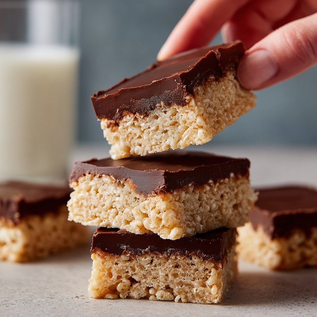 A stack of three square Rice Krispie treats with a smooth, thick layer of chocolate on top sits on a small white plate against a white marbled surface. The treats have a light golden color with a crispy, airy texture, and the chocolate layer is dark brown and slightly shiny with gentle swirls. A woman's hand is lifting the top treat, showing the contrast between the chocolate layer and the crispy base beneath. In the softly blurred background, there is a glass of milk. Photo taken with an iphone --ar 4:5 --v 7