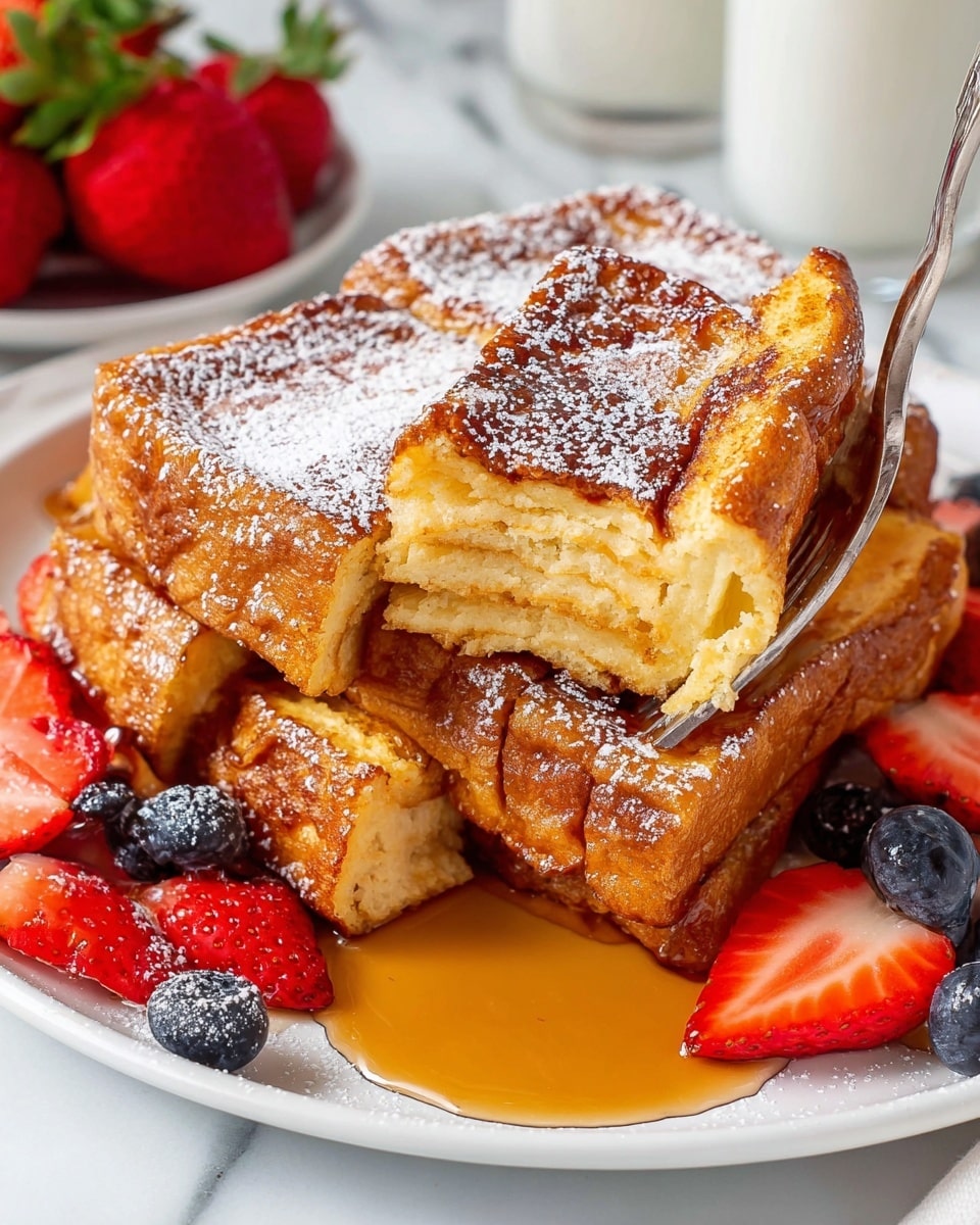 A white plate holds four square, golden-brown pastries stacked with three on the bottom and one on top, dusted lightly with powdered sugar that adds a soft white layer on their textured surface. Syrup is being poured over the top pastry, creating a glossy, amber-colored stream that glistens as it flows down the sides. Around the pastries are scattered fresh fruits: bright red sliced strawberries with a juicy, smooth texture, and round, deep blue blueberries with a slight sheen. Behind the plate, on a white marbled surface, there is a ramekin filled with whole strawberries and a glass of milk, adding a fresh and creamy backdrop. photo taken with an iphone --ar 4:5 --v 7