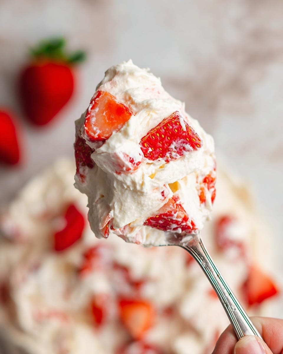 A large white bowl filled with a creamy mixture showing two clear layers: a thick white whipped cream base with visible chunks of bright red strawberries mixed throughout. The strawberries are cut into pieces of varying sizes, some peeking out from the cream. On top, the whipped cream is piled high with more strawberry pieces embedded, crowned by one whole ripe strawberry with green leaves. The bowl sits on a white marbled surface, with more strawberries around it and a red and white striped cloth blurred softly in the background. photo taken with an iphone --ar 4:5 --v 7