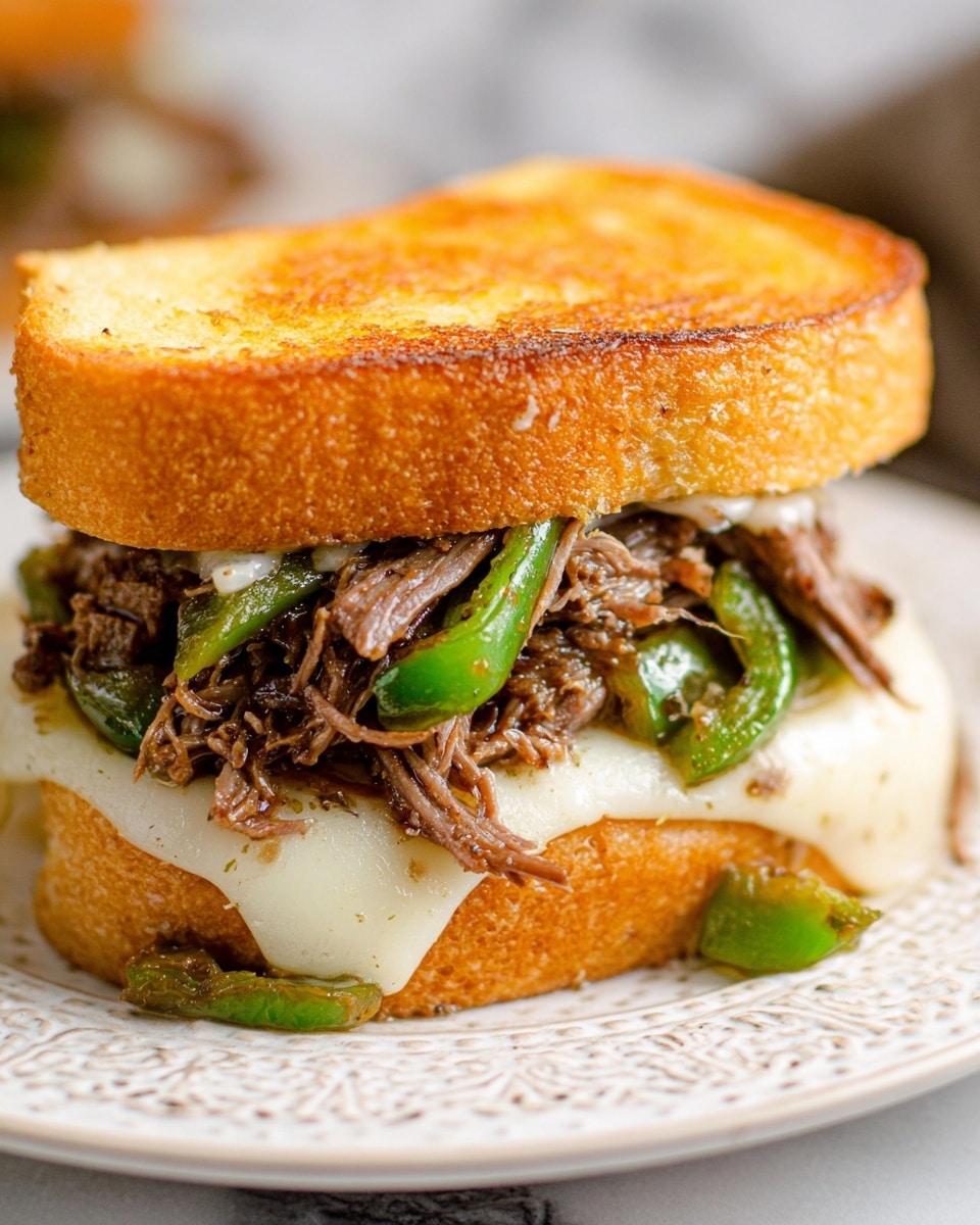 A sandwich is shown on a white patterned plate, resting on a white marbled surface. The sandwich has three main layers: the bottom layer is a slice of toasted golden brown bread, topped with melted white cheese. Above this is a thick layer of cooked thinly sliced beef mixed with green bell pepper strips and small bits of cooked onion. On top of the meat and veggies is another layer of melted white cheese, and the sandwich is finished with a top slice of toasted golden brown bread. In the background, there is a green bell pepper, an onion, and a clear bowl with more cooked beef and vegetables. photo taken with an iphone --ar 4:5 --v 7