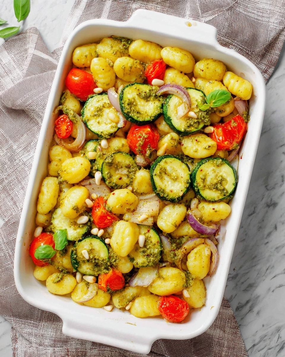 The dish shows one layer of small golden gnocchi mixed with halved cherry tomatoes in bright red, thin slices of purple onion, and light green zucchini pieces, all coated in a green herb sauce; scattered on top are pine nuts in a pale cream color and fresh bright green basil leaves resting on a white plate with a dark blue section on the right side. Behind the plate, a white baking dish holds more of the same gnocchi mixture, and on the left edge, a bunch of fresh basil leaves in a small glass container sits on a soft orange and gray plaid cloth, all set on a white marbled surface. photo taken with an iphone --ar 4:5 --v 7
