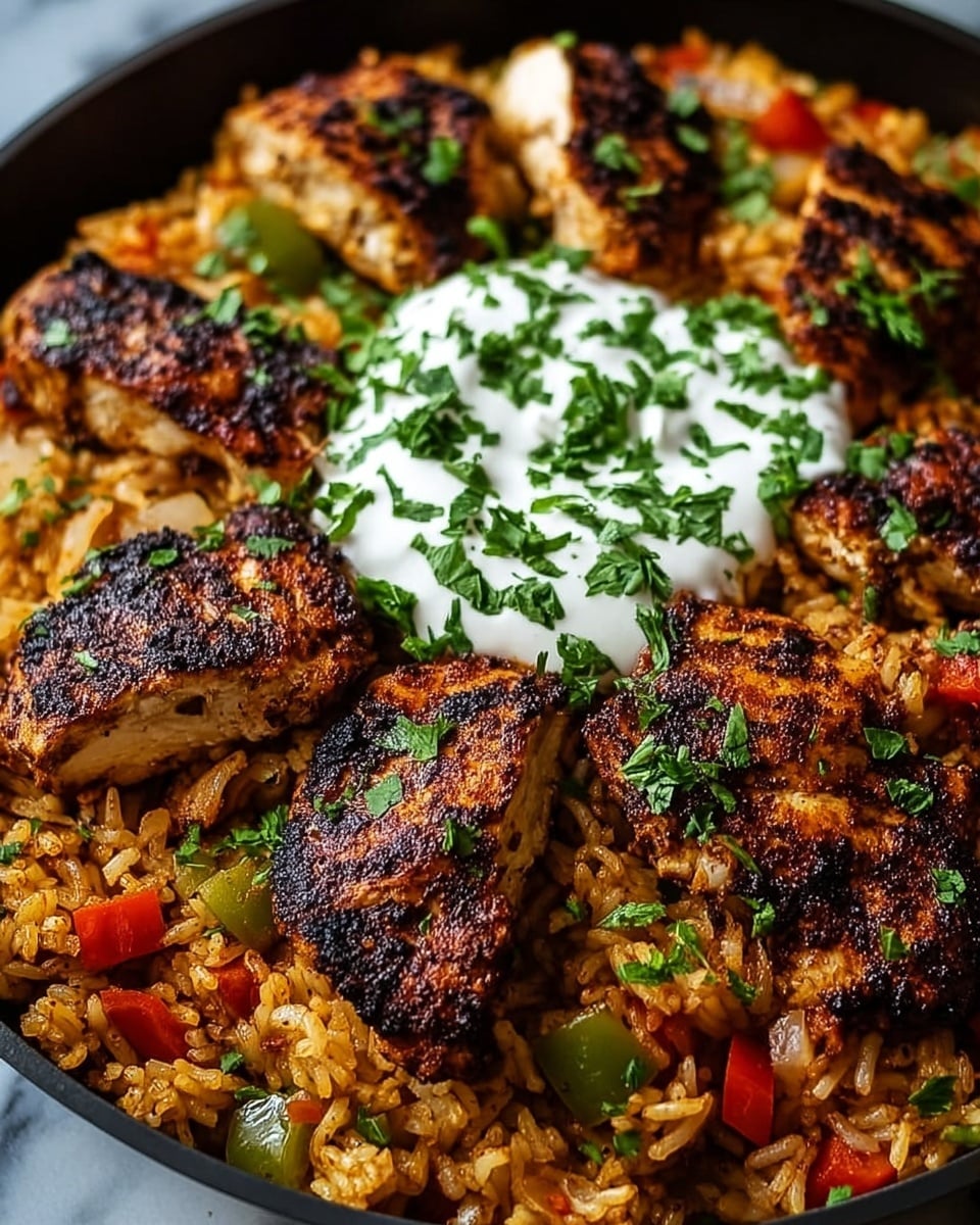 A large black cast iron skillet is filled with seasoned yellow rice mixed with small bits of red pepper, topped with browned, grilled chicken pieces evenly spaced around the edges. In the center, there is a dollop of white creamy sauce sprinkled with green chopped herbs, which are also scattered all over the dish. Around the chicken pieces are several lemon wedges placed on top of the rice, adding bright yellow contrast. The skillet is set on a rustic wooden table with fresh green herbs, whole and halved lemons, a small bowl of white sauce with herbs, and a bowl of chili flakes around it. photo taken with an iphone --ar 4:5 --v 7