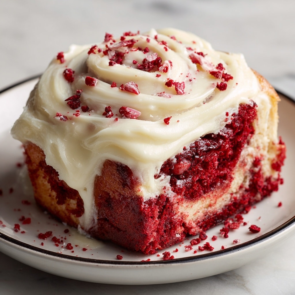 A close-up image of a single slice of red velvet cake with bright red layers and creamy white frosting spread thickly on top and between layers. The cake slice sits on a simple white plate with a black rim, placed on a white marbled surface. The creamy frosting is swirled smoothly on top with a drizzle falling down the sides, and small red crumbs and candy pieces are scattered around the slice and on the frosting. The colors are rich and vibrant, showing the contrast between the deep red cake and the white frosting. Photo taken with an iphone --ar 4:5 --v 7