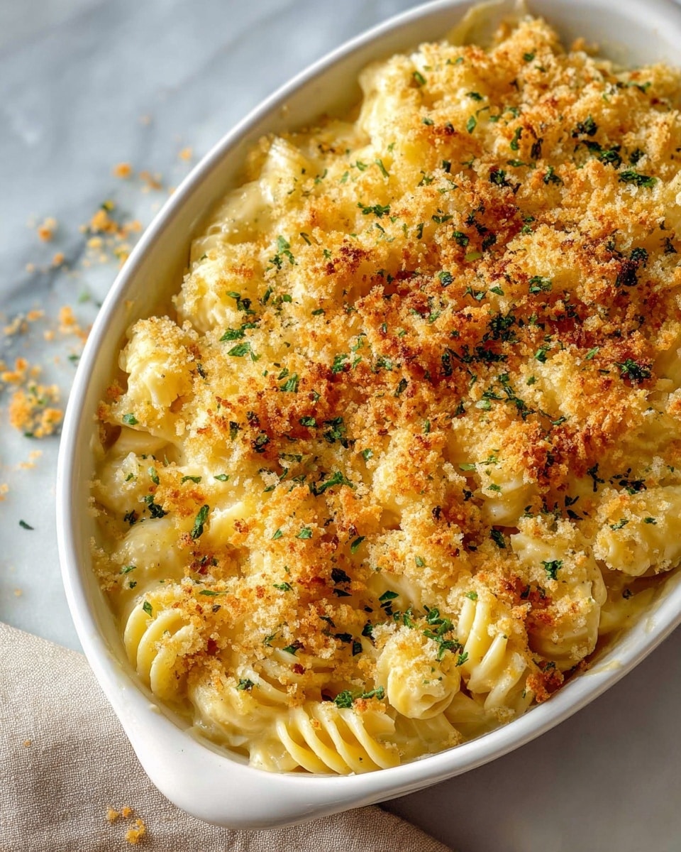 A close-up of a white bowl filled with creamy, cheesy macaroni pasta topped with a golden-brown breadcrumb crust sprinkled with small green herb leaves. In the foreground, a golden spoon lifts a portion showing three main layers: at the bottom, tender spiral pasta with a smooth white cheese sauce; in the middle, melted stretchy cheese strands connecting to the bowl; and on top, a crispy, crumbly, toasted breadcrumb layer with light brown and orange shades. The bowl sits on a white marbled surface. Photo taken with an iphone --ar 4:5 --v 7