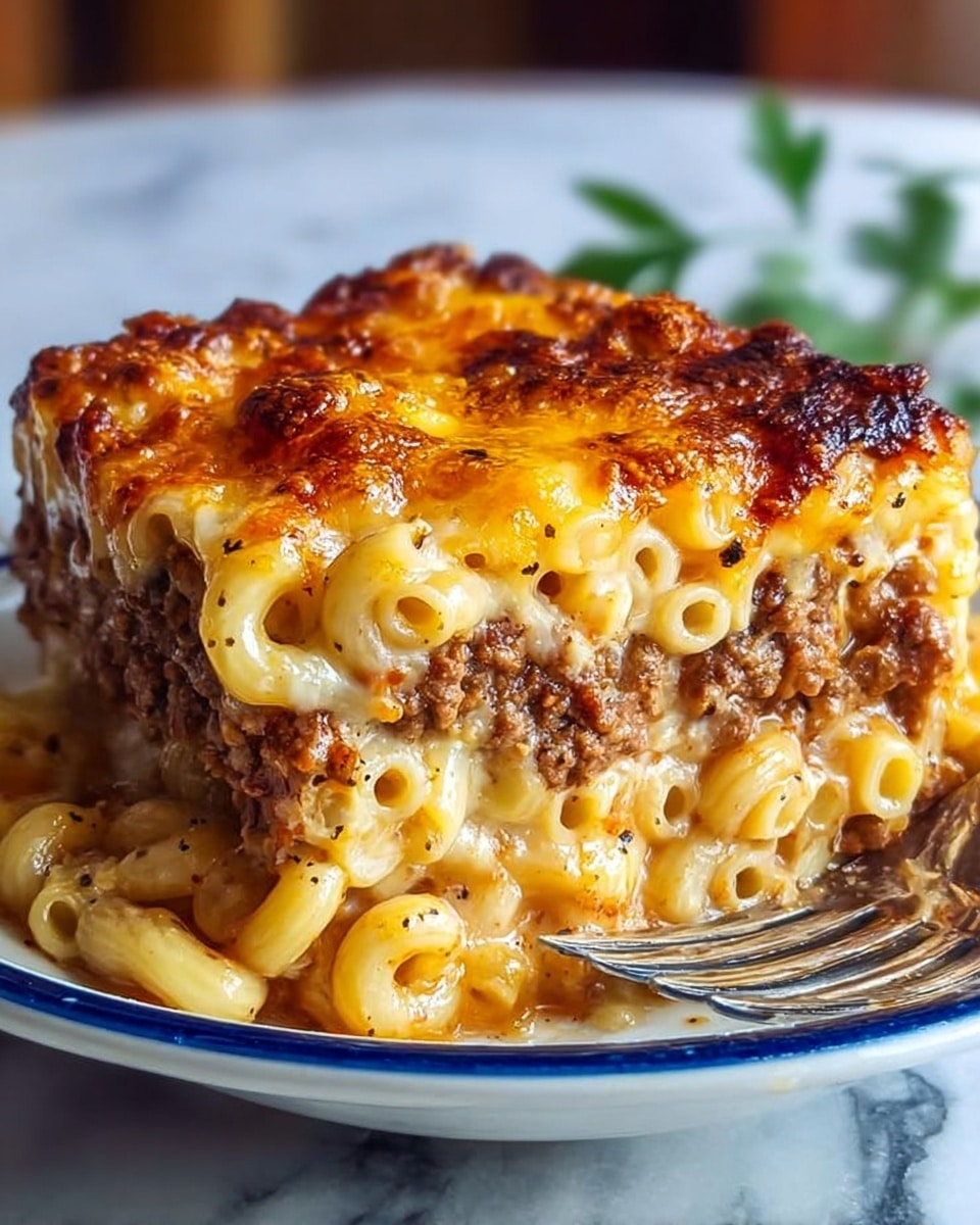 A close-up image of a thick slice of baked macaroni and cheese layered with creamy macaroni pasta at the bottom, a middle layer of ground beef mixed with sauce, and a top crust of golden-brown melted cheese with bubbling and slightly crispy spots; the pasta looks soft and creamy, and the cheese has a rich yellow-orange color with specks of black pepper. The dish sits on a white plate with a blue rim, placed on a white marbled surface, and a fork is partly visible near the food. Photo taken with an iphone --ar 4:5 --v 7
