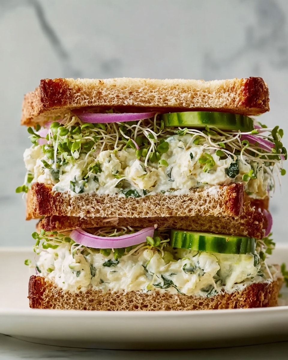 The image shows a sandwich cut in half and stacked. The sandwich has two slices of toasted brown bread, light brown and crispy in texture. Inside, there are two main layers of filling: a creamy, white mixture with green cucumber slices and dark green leafy bits, and thin slices of purple onion on top. Above the onion slices, there is a layer of light green sprouts with thin stems. The sandwich sits on a white plate, with a white marbled surface in the background. photo taken with an iphone --ar 4:5 --v 7