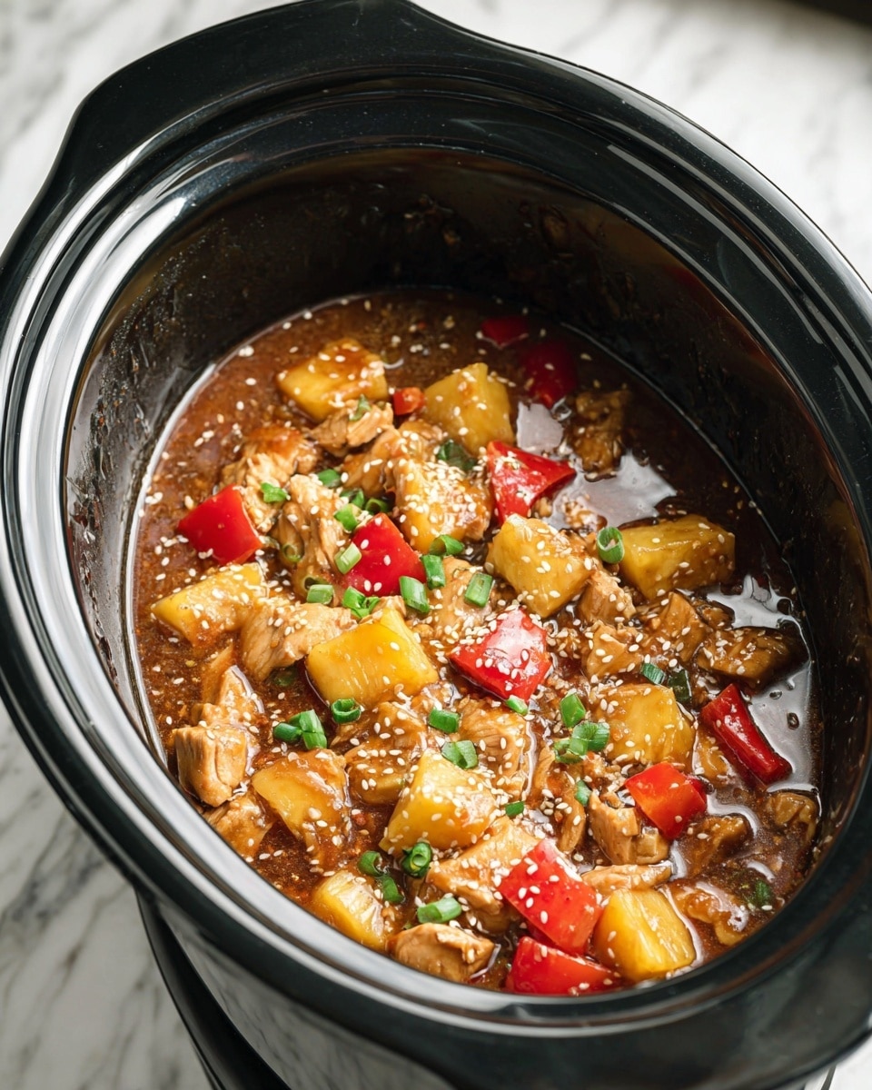 A close-up of a white bowl filled with sweet and sour chicken showing about three layers: the bottom layer has a glossy, thick brown sauce coating the ingredients; the middle layer has golden brown chicken pieces with a slightly crispy texture; the top layer features yellow pineapple chunks, red bell pepper pieces, bright green chopped scallions, and sprinkled white sesame seeds. The bowl sits on a white marbled surface, and the food looks fresh and colorful. Photo taken with an iphone --ar 4:5 --v 7