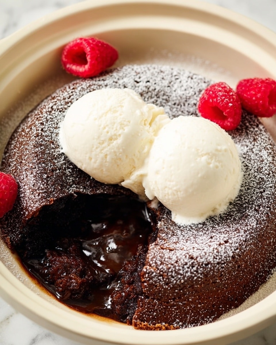 A white plate holds a single serving of a rich, dark brown chocolate dessert with a gooey texture and uneven edges, dusted lightly with white powdered sugar. On top of the chocolate dessert is a round scoop of creamy, pale yellow vanilla ice cream. Next to the ice cream are two fresh, bright red raspberries adding a pop of color. The plate rests on a surface with a white marbled texture, with part of a beige cloth visible on the side and a hint of a cream-colored pot with a wooden handle in the background. Photo taken with an iphone --ar 4:5 --v 7