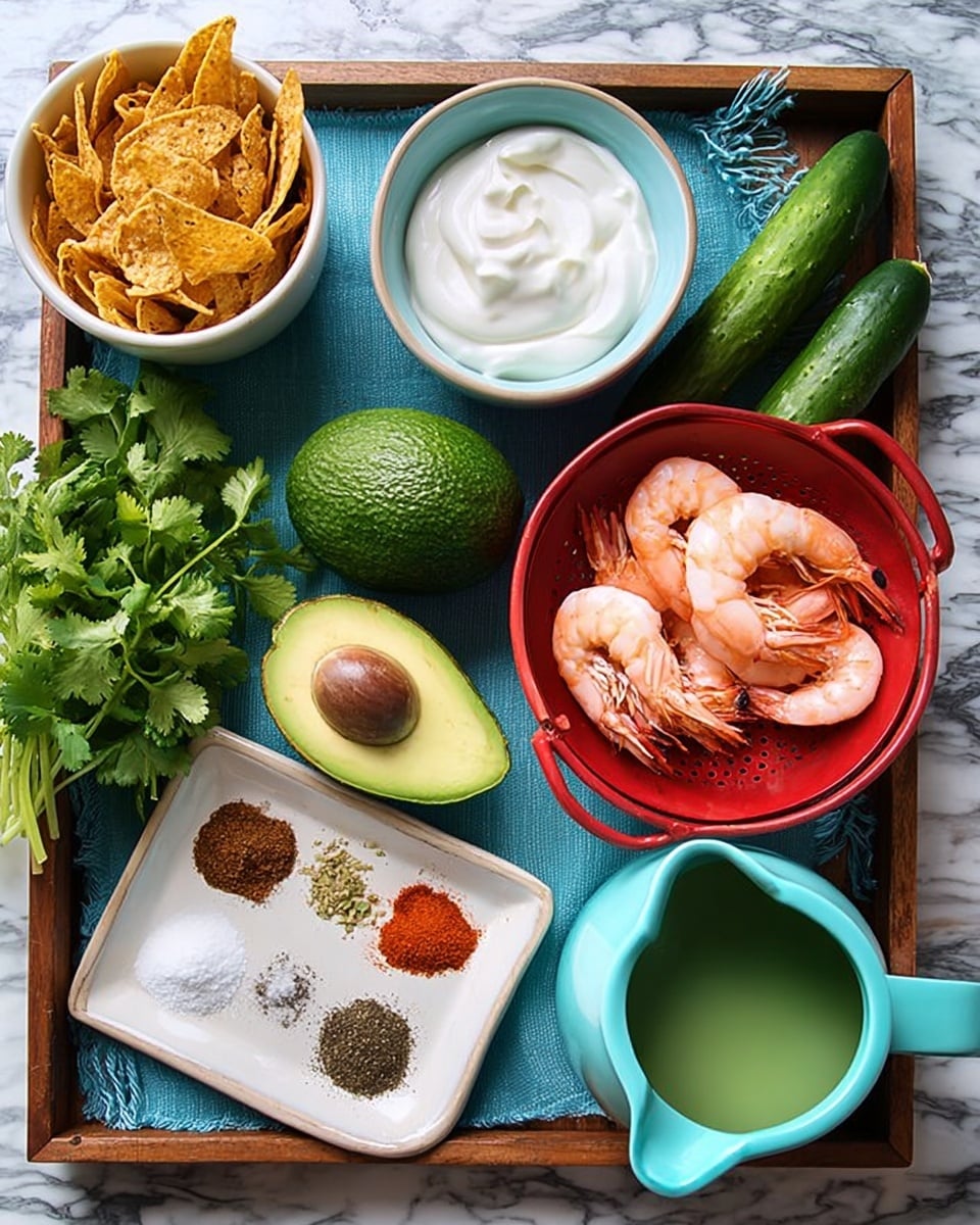 A white bowl filled with smooth light green avocado soup topped with two bright orange and white cooked shrimp placed near the center. Small green cilantro leaves are scattered on top of the shrimp and soup, along with a few drops of red sauce drizzled across the surface. Small bits of ingredients are visible embedded in the creamy soup. The bowl is set on a white marbled surface with halved avocados, a whole shrimp, a silver spoon, a small white bowl of red sauce, and some scattered cilantro leaves nearby. Photo taken with an iphone --ar 4:5 --v 7