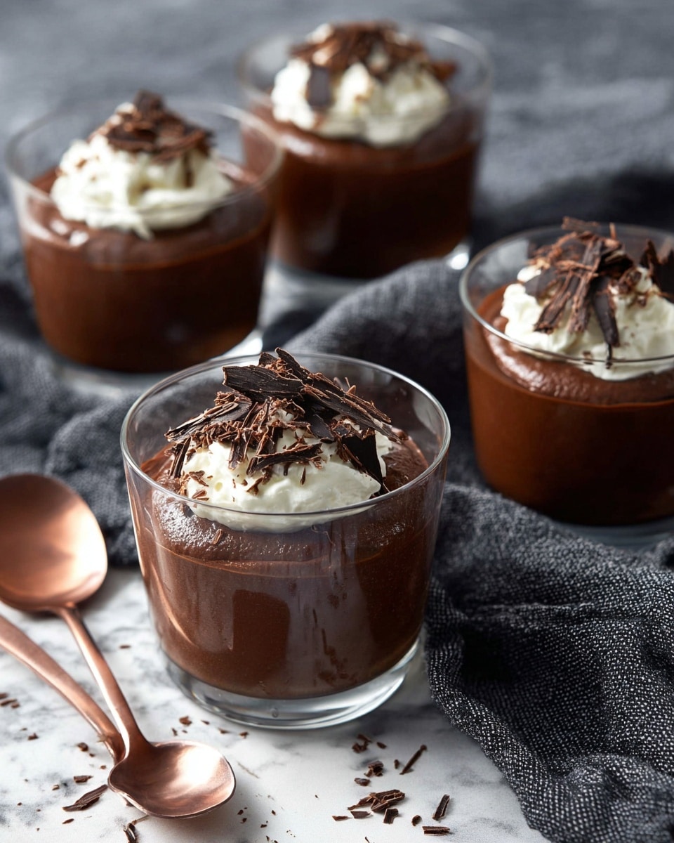 There are several small clear glass cups filled with dark brown chocolate mousse, some topped with white whipped cream and sprinkled with chocolate shavings. Each mousse layer looks smooth and creamy, with the whipped cream appearing fluffy and light on top of a few cups. Around the cups, there are white spoons and golden and light wooden spoons scattered on a white marbled surface. Two halves of a green avocado with bright yellow-green flesh and a brown pit are placed near the cups, along with a dollop of whipped cream in a white bowl. Photo taken with an iphone --ar 4:5 --v 7