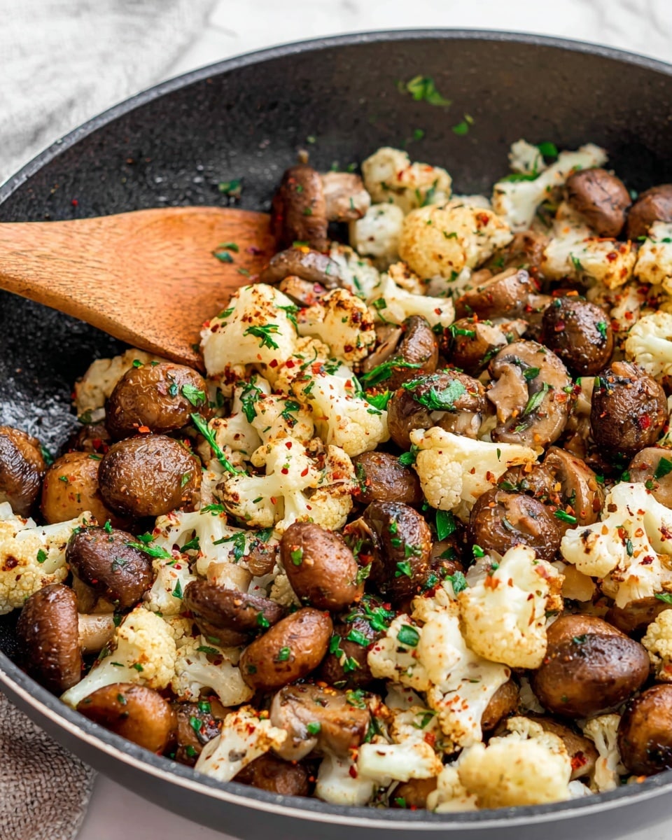 A close-up of a black frying pan filled with cooked small brown mushrooms and white cauliflower pieces. The vegetables are mixed with light seasoning visible as small red flakes, and sprinkled green herbs add contrast on top. A wooden spoon is partially visible on the left side, stirring the mix of mushrooms and cauliflower. The background shows a white marbled texture. photo taken with an iphone --ar 4:5 --v 7