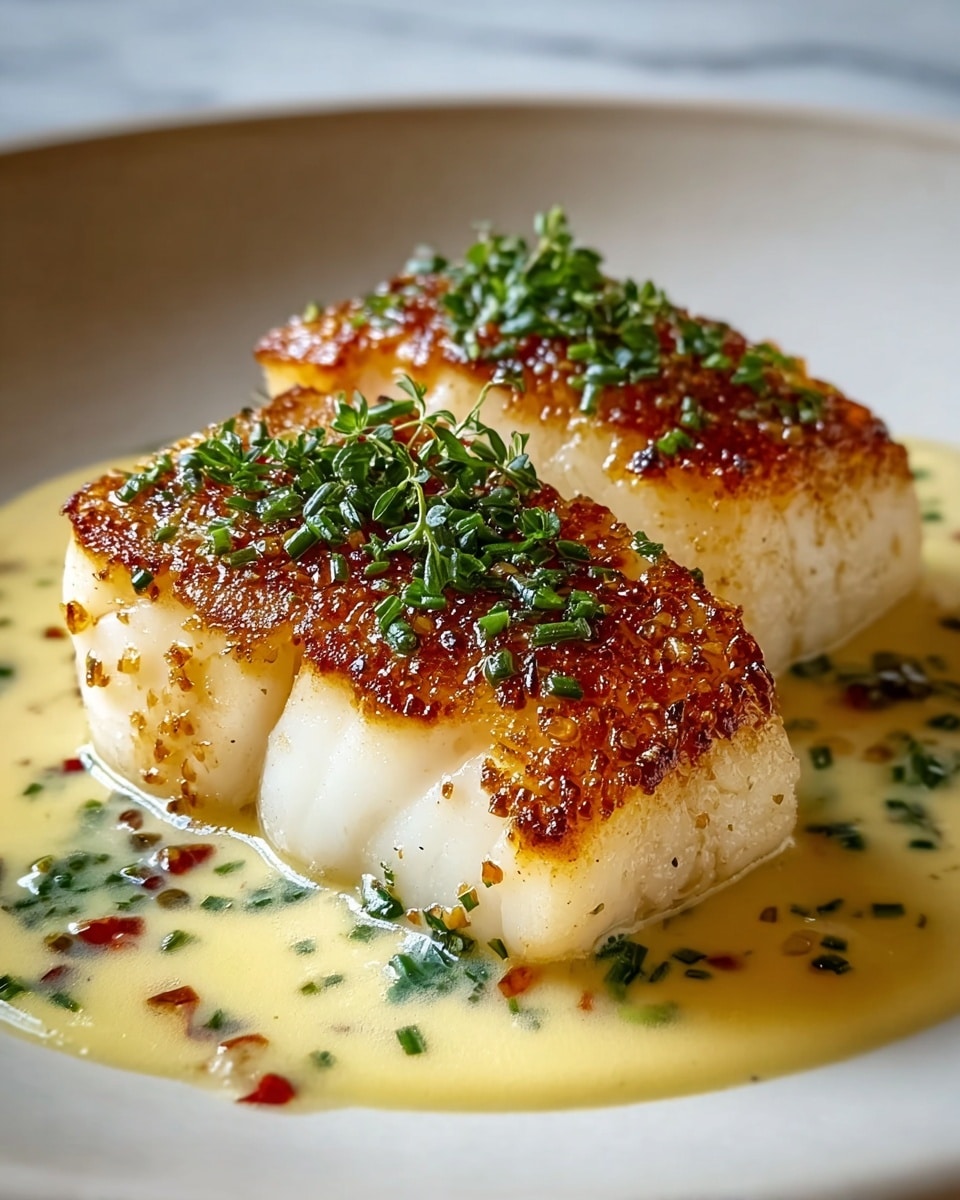 Two thick pieces of seared white fish with a golden-brown crispy top layer sprinkled with finely chopped green herbs sit on a creamy light yellow sauce mixed with small green leafy bits and red specks. The fish fillets have a soft, moist texture visible on the sides with subtle cuts. They rest closely on a smooth, white plate that contrasts with the vibrant colors of the dish. The background is a white marbled texture. photo taken with an iphone --ar 4:5 --v 7